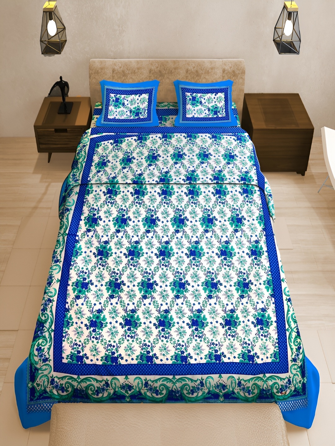 

UNIQCHOICE Blue & Green Printed Cotton 120 TC Queen Bedsheet With 2 Pillow Covers