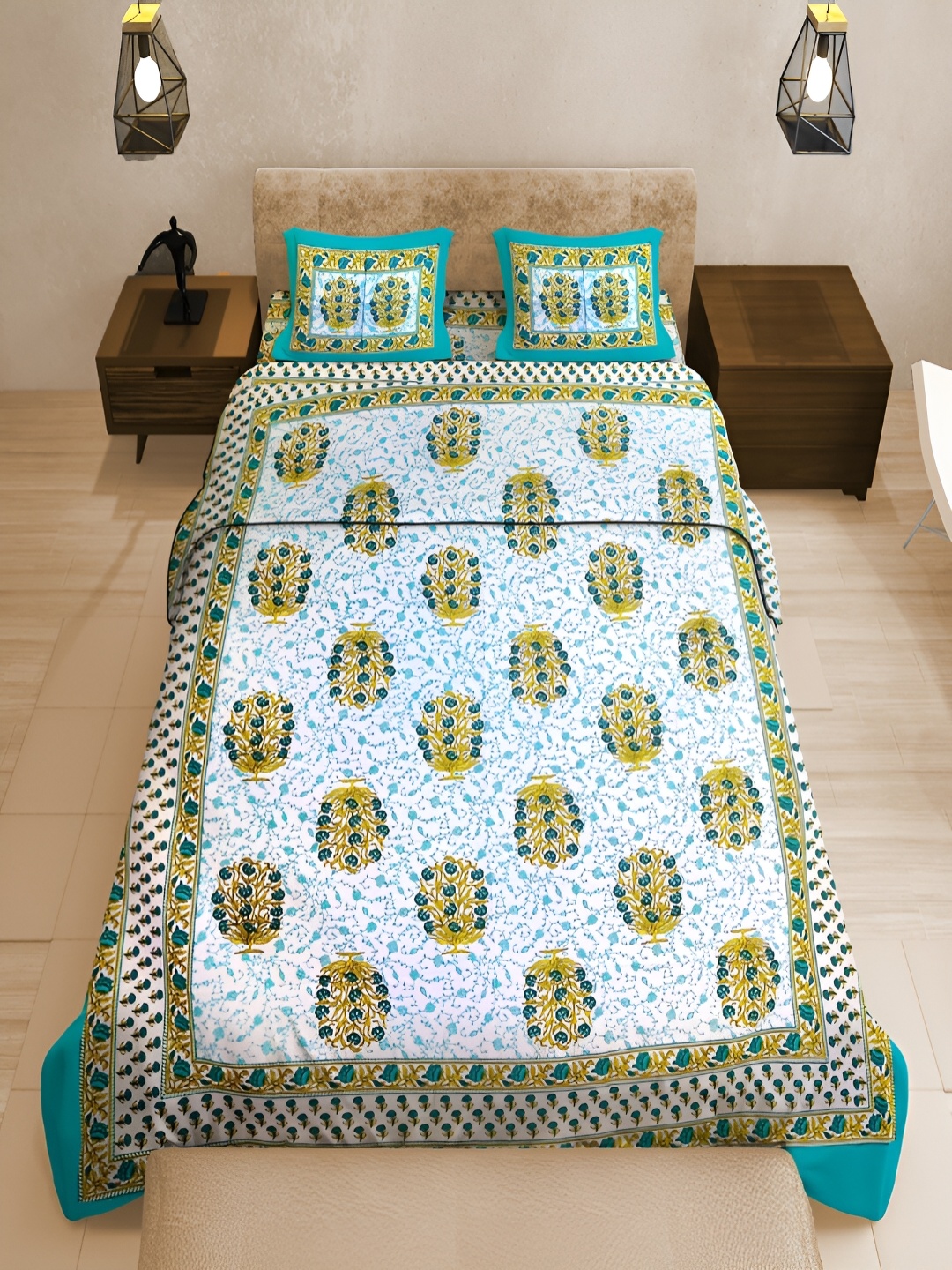 

UNIQCHOICE Turquoise Blue Printed Cotton 120 TC Queen Bedsheet With 2 Pillow Covers