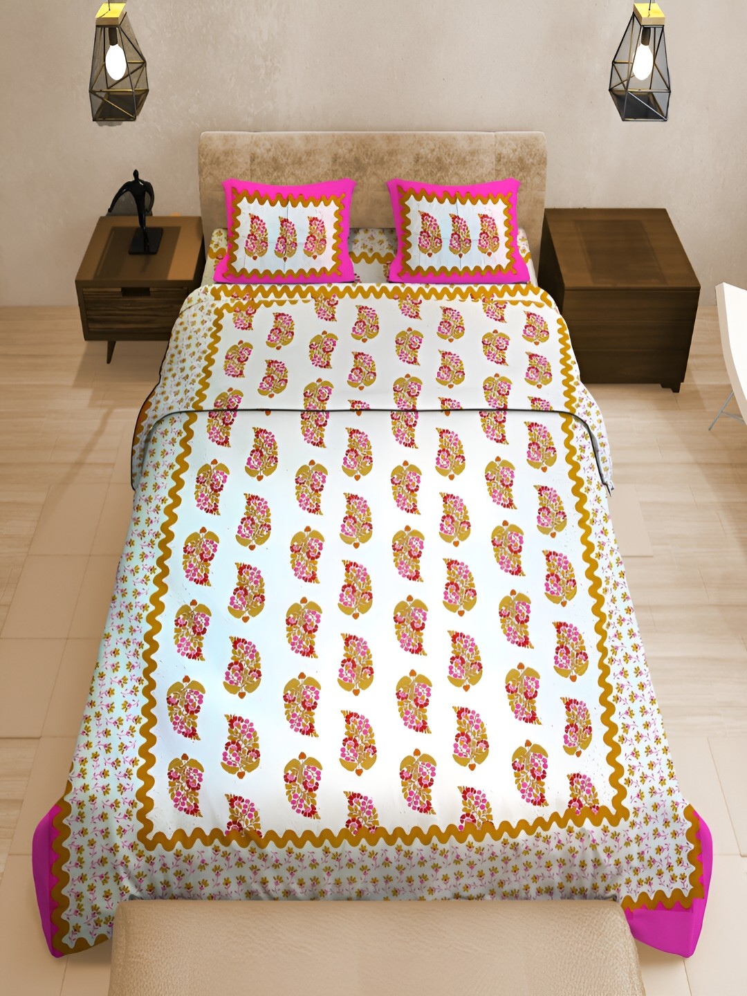 

UNIQCHOICE Pink Floral Printed 120 TC Cotton Queen Bedsheet with 2 Pillow Covers, Off white