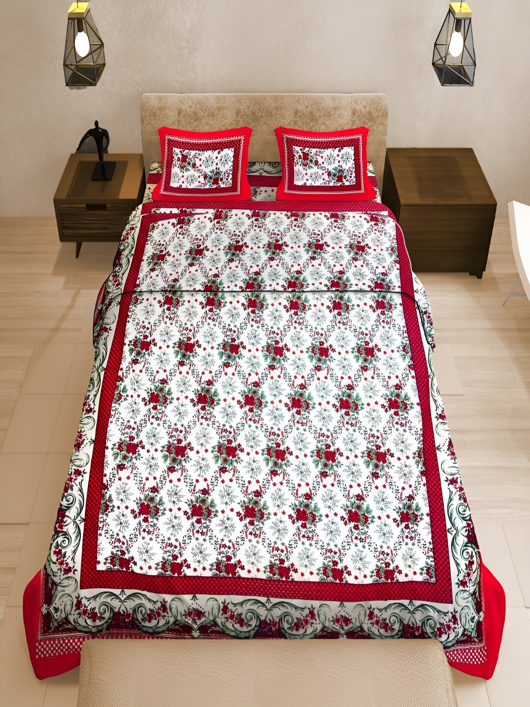 

UNIQCHOICE Red & White Floral 120 TC Cotton Queen Bedsheet with 2 Pillow Covers