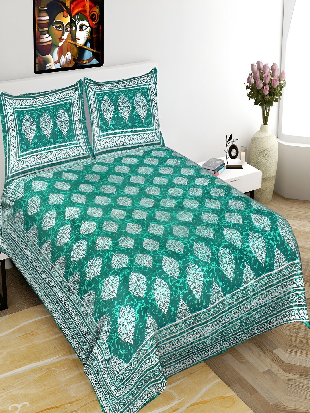 

UNIQCHOICE Turquoise Blue Printed Cotton 120 TC Queen Bedsheet With 2 Pillow Covers