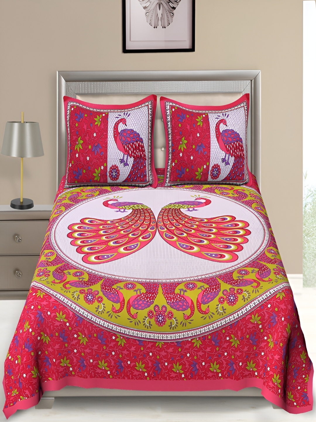 

UNIQCHOICE Pink & Purple Printed Cotton 120 TC Queen Bedsheet With 2 Pillow Covers
