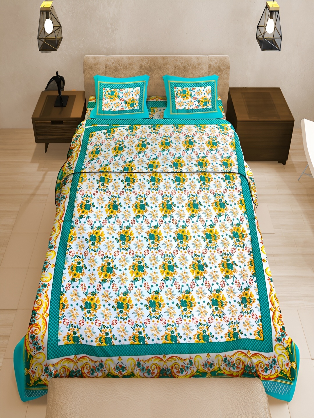 

UNIQCHOICE Turquoise Blue Printed Cotton 120 TC Queen Bedsheet With 2 Pillow Covers