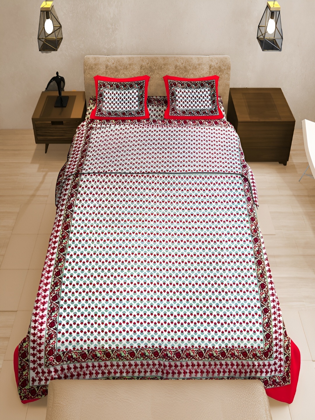 

UNIQCHOICE Red & White Printed Cotton 120 TC Queen Bedsheet With 2 Pillow Covers