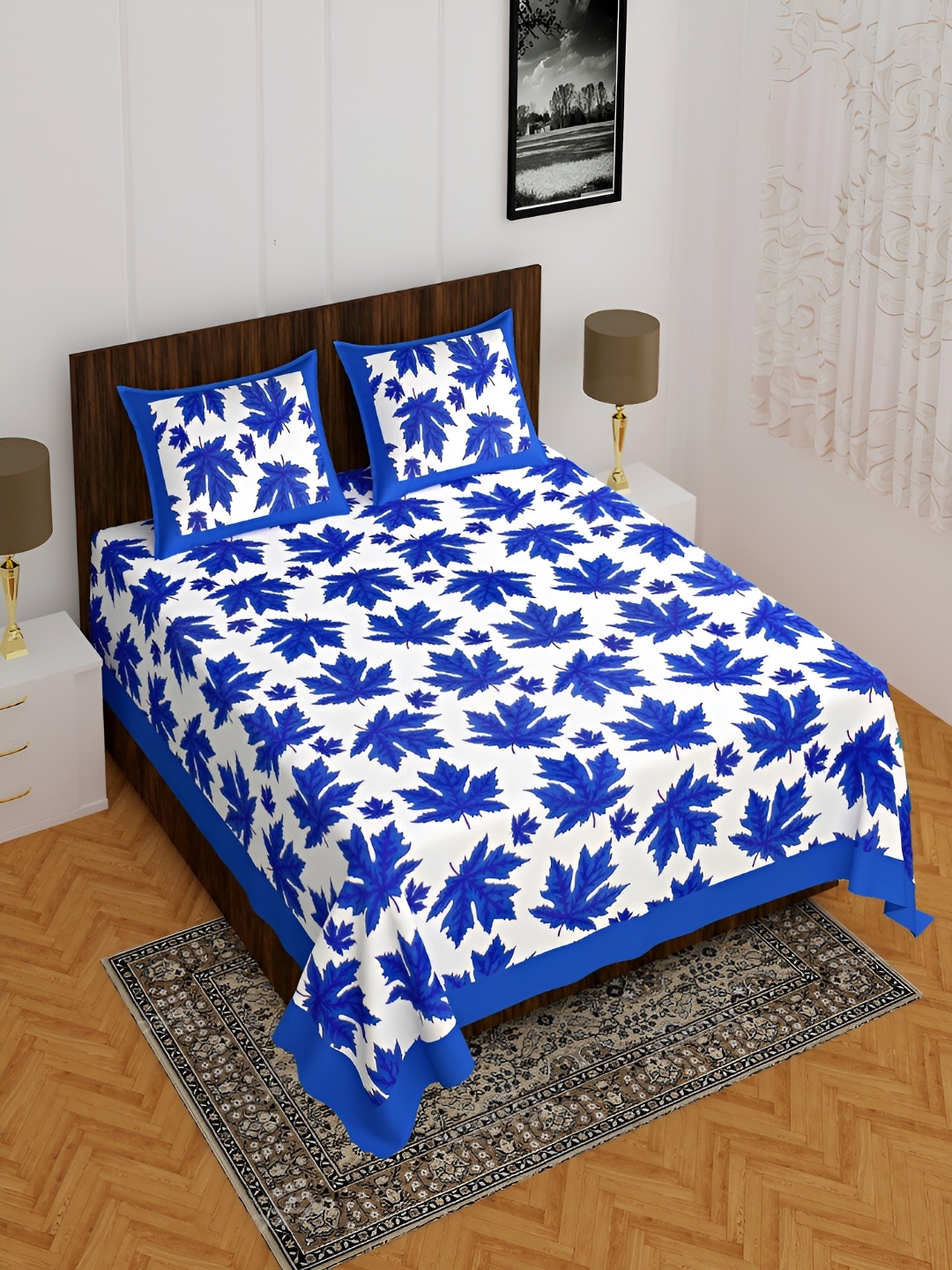 

UNIQCHOICE White & Blue Floral 120 TC Cotton Queen Bedsheet with 2 Pillow Covers