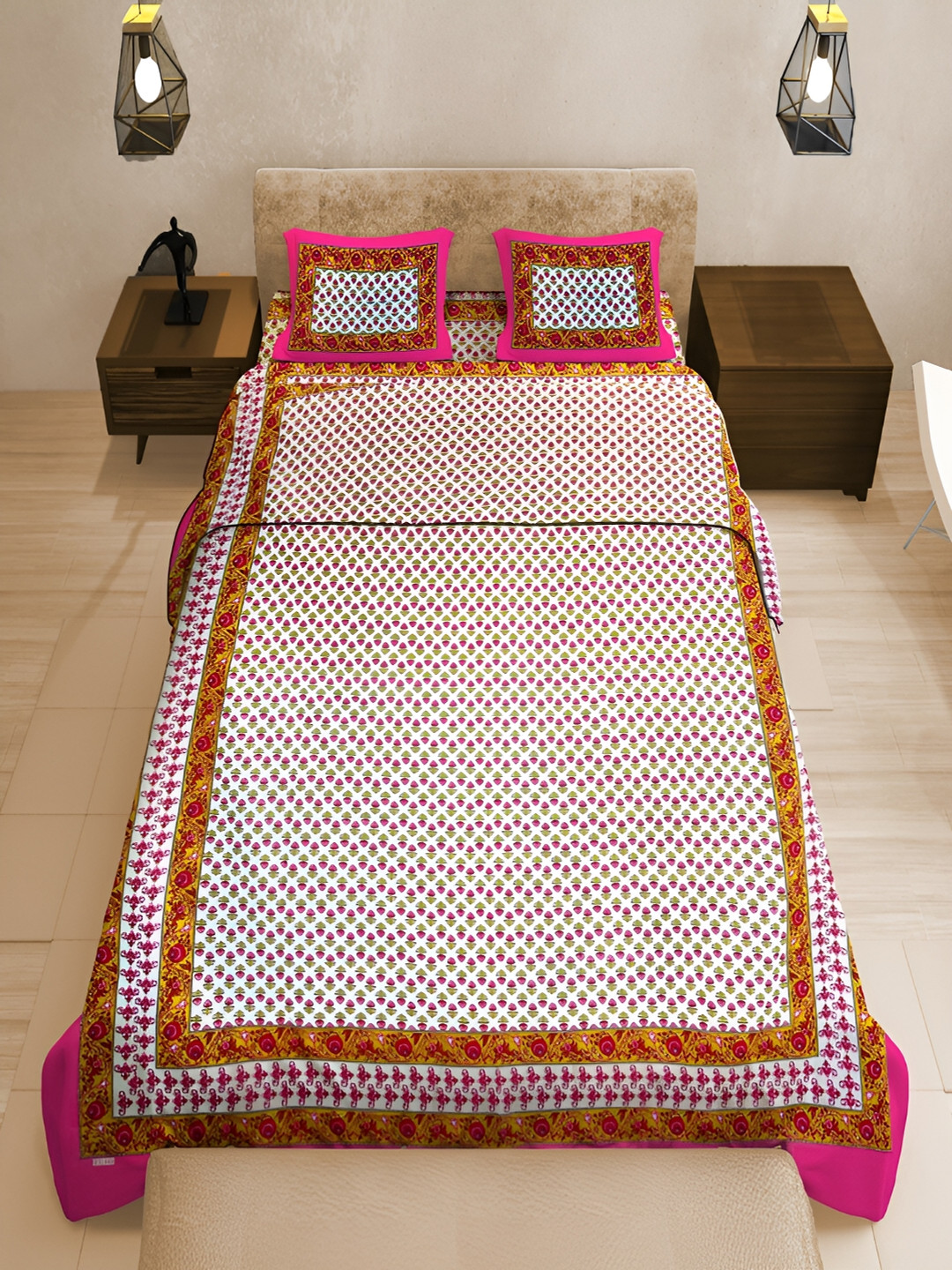 

UNIQCHOICE Pink & White Printed Cotton 120 TC Queen Bedsheet With 2 Pillow Covers