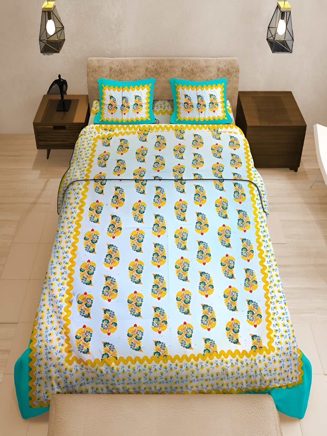 

UNIQCHOICE Turquoise Blue Printed Cotton 120 TC Queen Bedsheet With 2 Pillow Covers