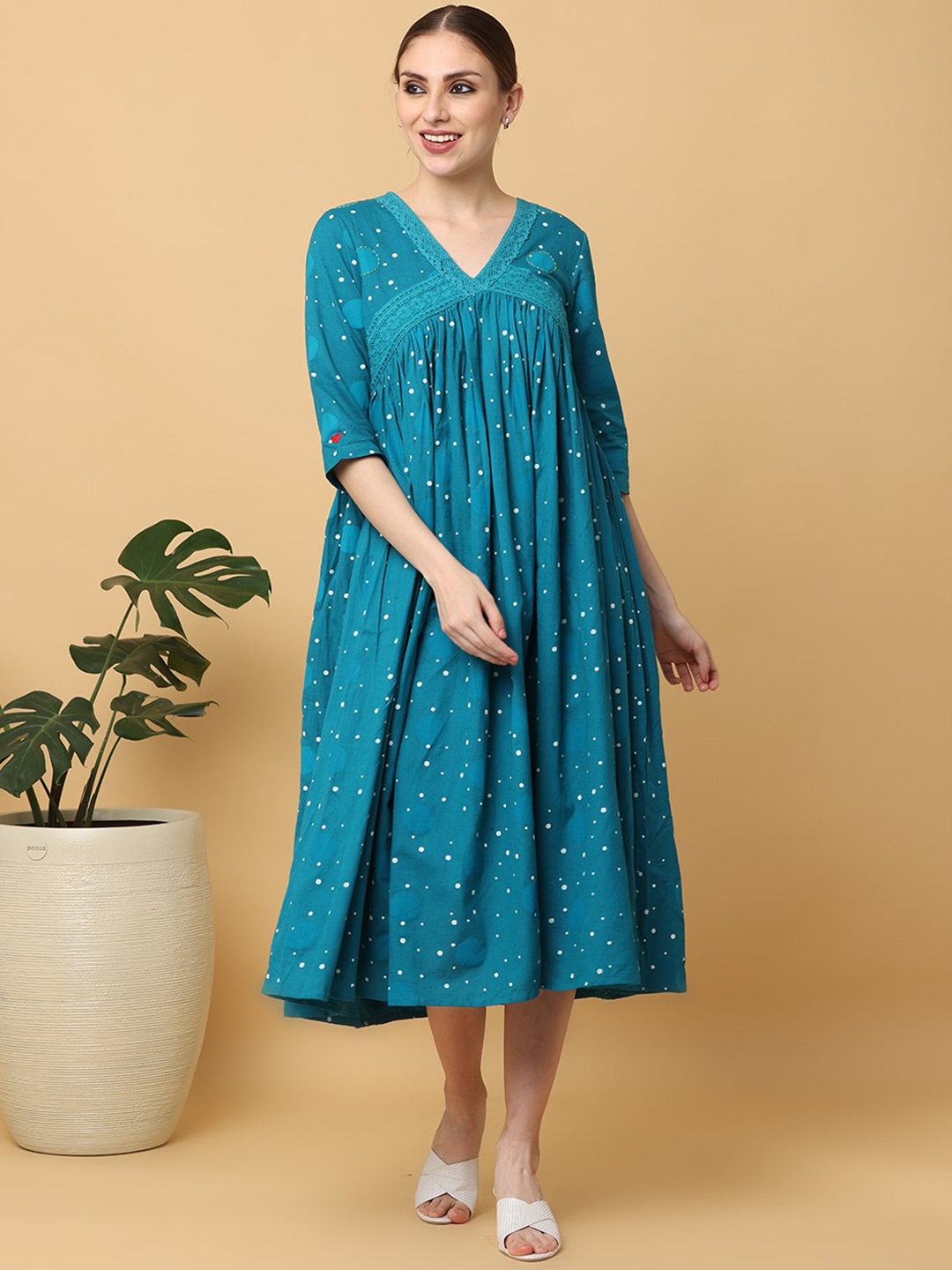 

Cora Polka Dots Printed Cotton Gathered Empire Midi Ethnic Dresses, Blue