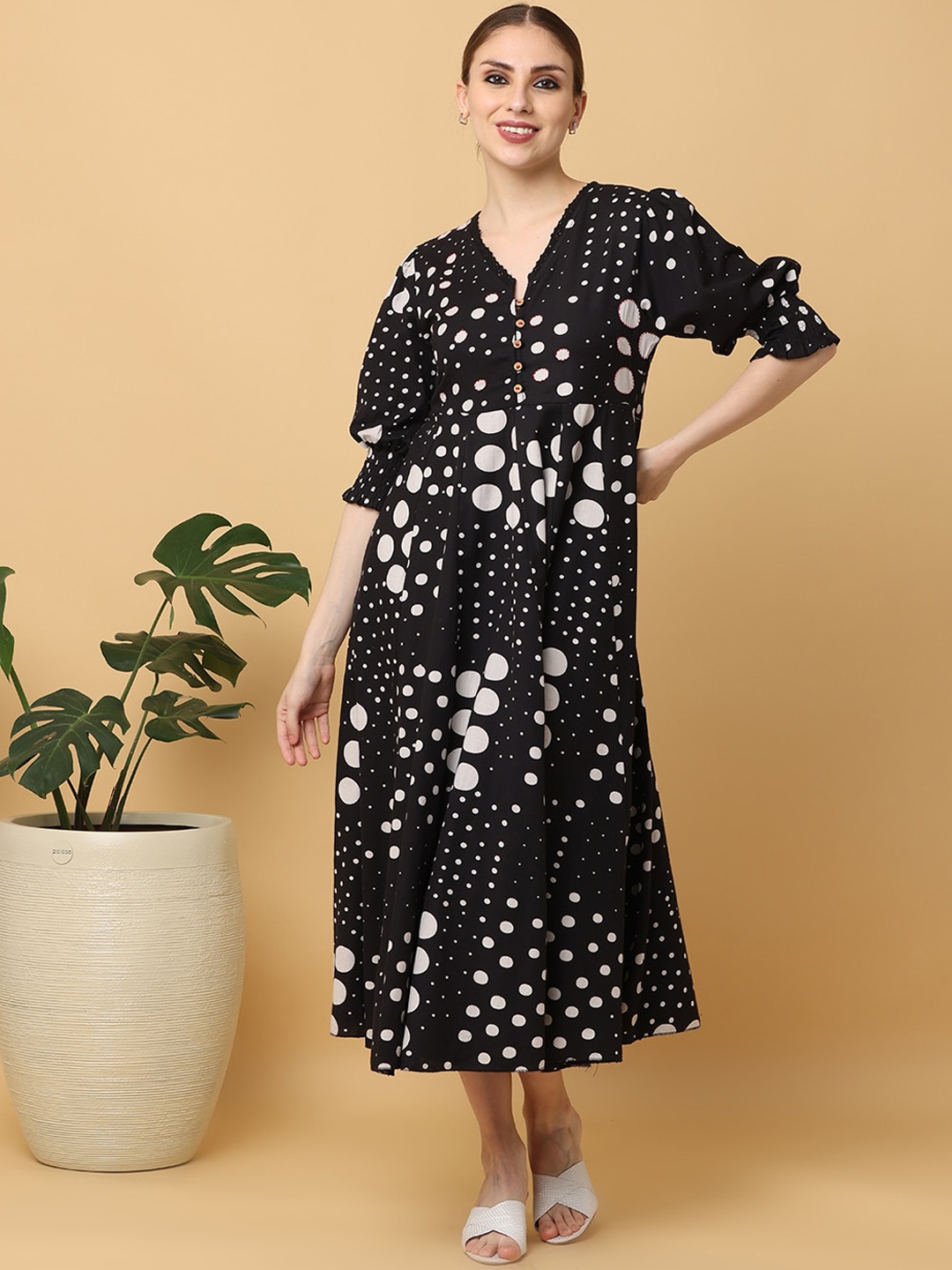 

Cora Polka Dots Printed V-Neck Puff Sleeves Cotton Fit and Flare Midi Dress, Black