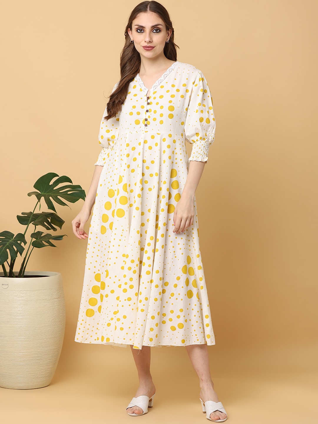 

Cora Polka Dots Printed V-Neck Puff Sleeves Cotton Fit and Flare Midi Dress, White