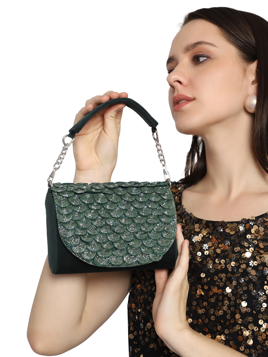 

MARKQUES Embellished Suede Structured Sling Bag, Green