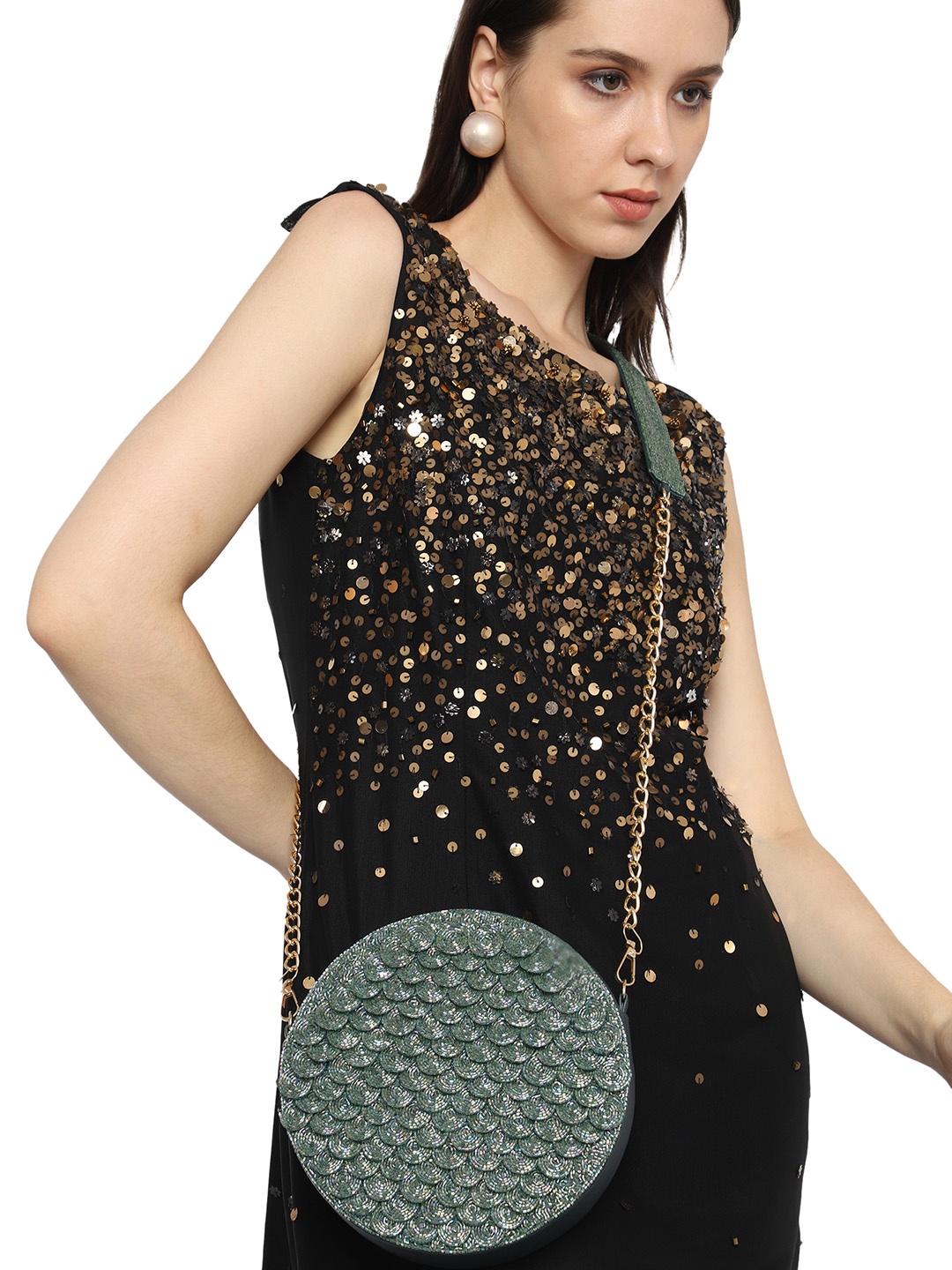 

MARKQUES Embellished Leather Half Moon Sling Bag, Green