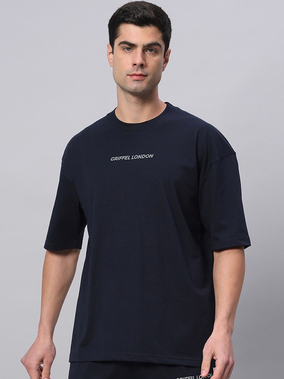 

GRIFFEL Typography Printed Cotton Oversized T-shirt, Navy blue