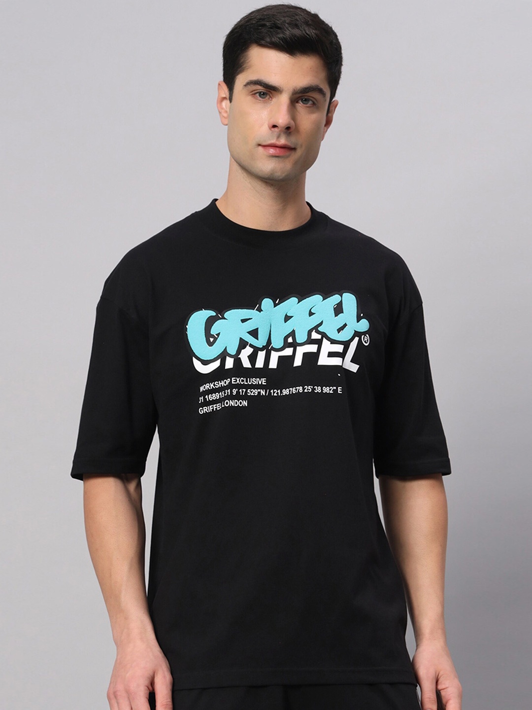 

GRIFFEL Typography Printed Cotton Oversized Applique T-shirt, Black