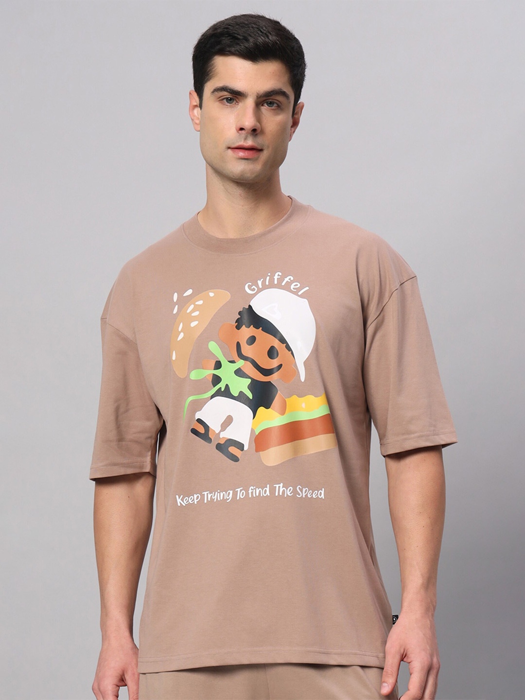 

GRIFFEL Graphic Printed Round Neck Short Sleeves Cotton T-shirt, Camel brown