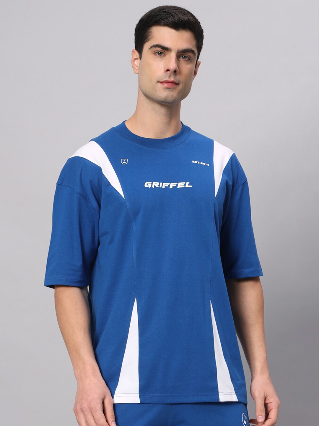 

GRIFFEL Colourblocked Round Neck Short Sleeves Oversized Cotton T-shirt, Blue