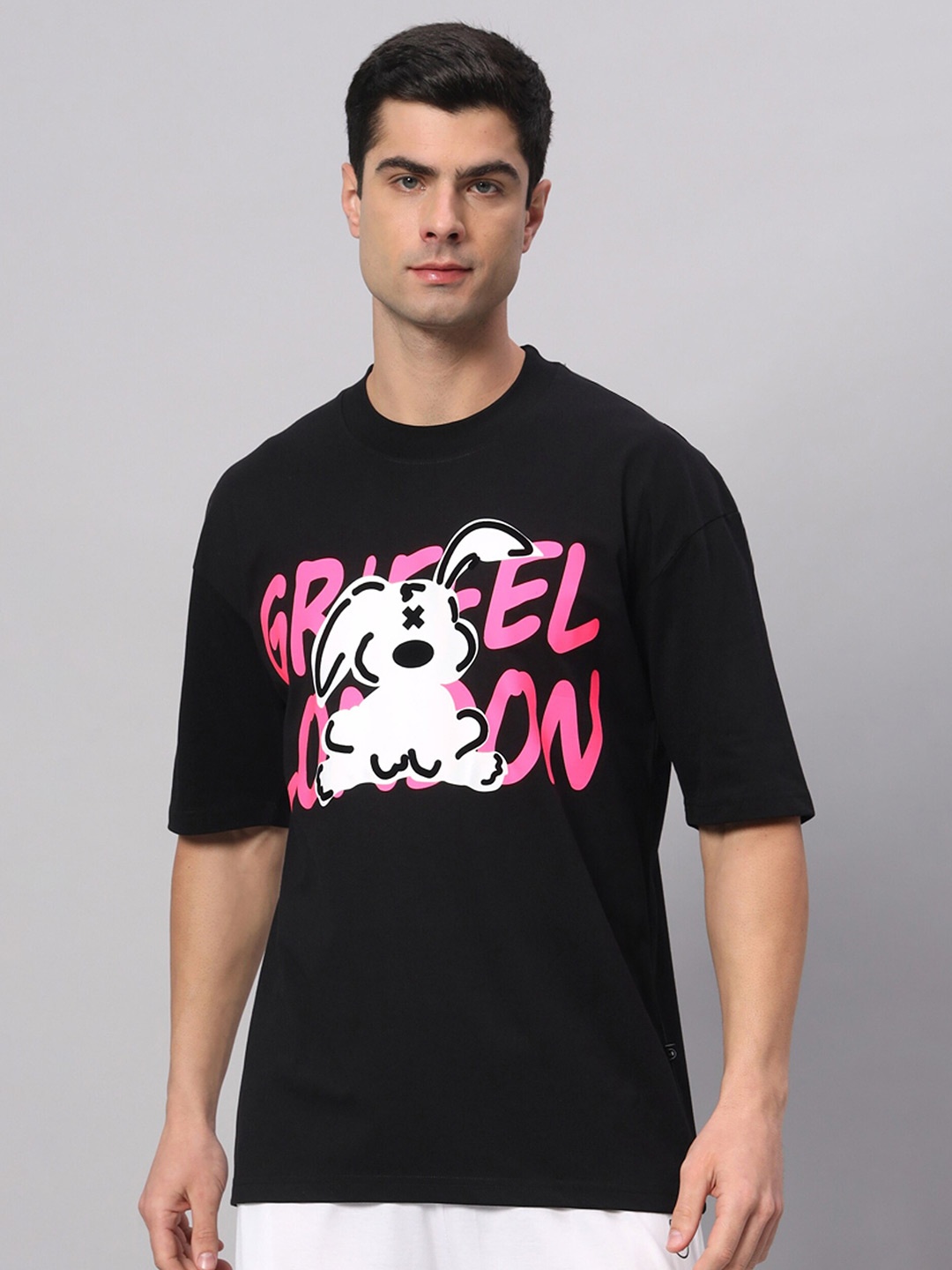 

GRIFFEL Typography Printed Cotton Oversized Applique T-shirt, Black