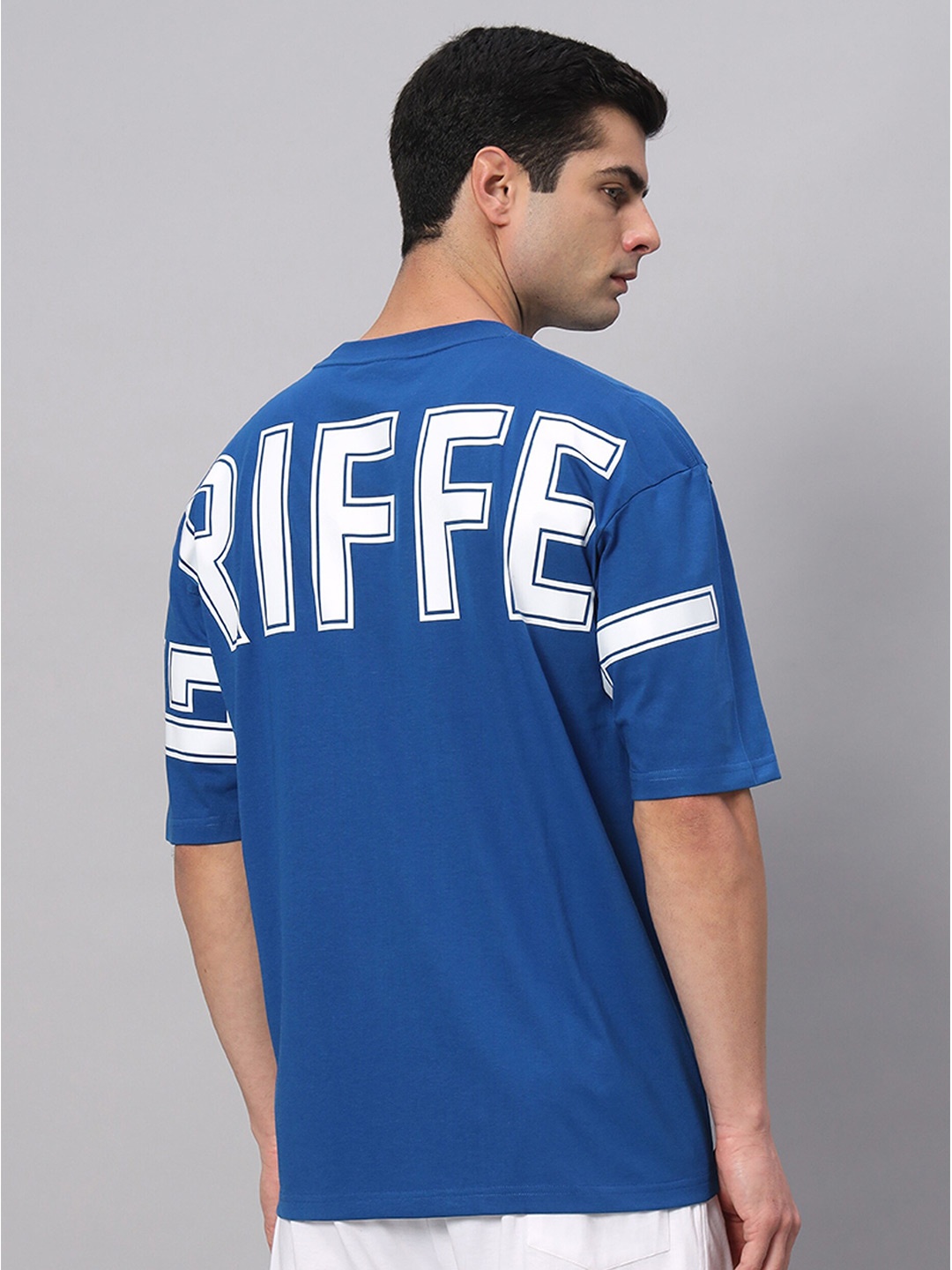 GRIFFEL Typography Printed Cotton Oversized Applique T-shirt, Blue