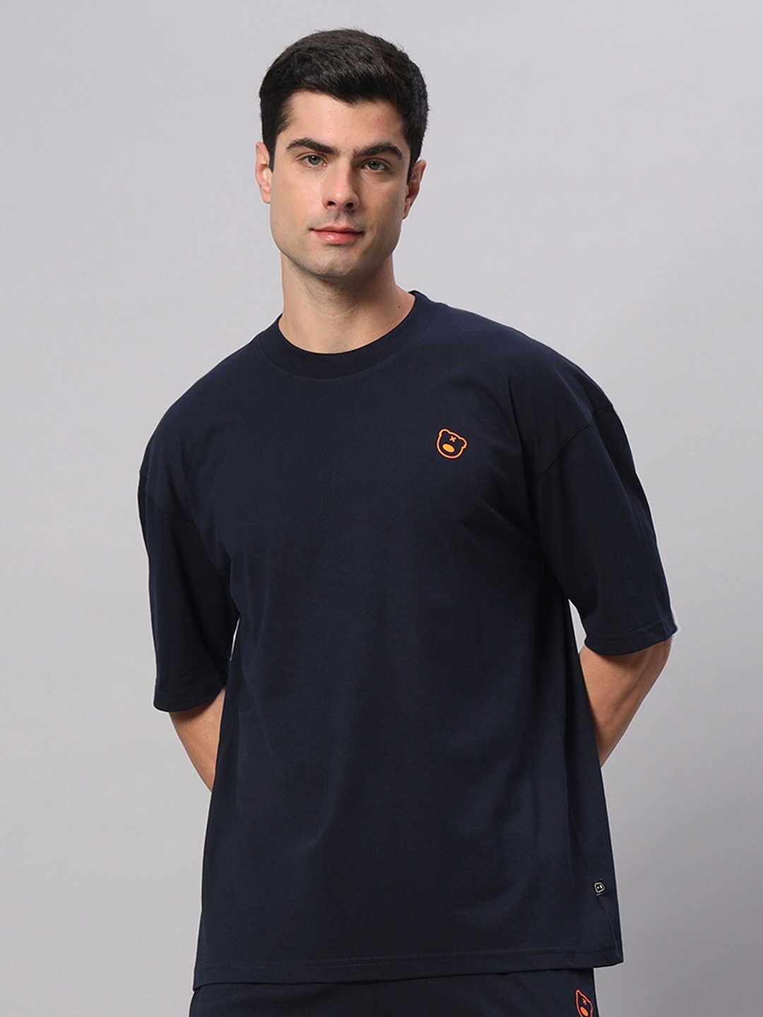 

GRIFFEL Round Neck Cotton Oversized Applique T-shirt, Navy blue