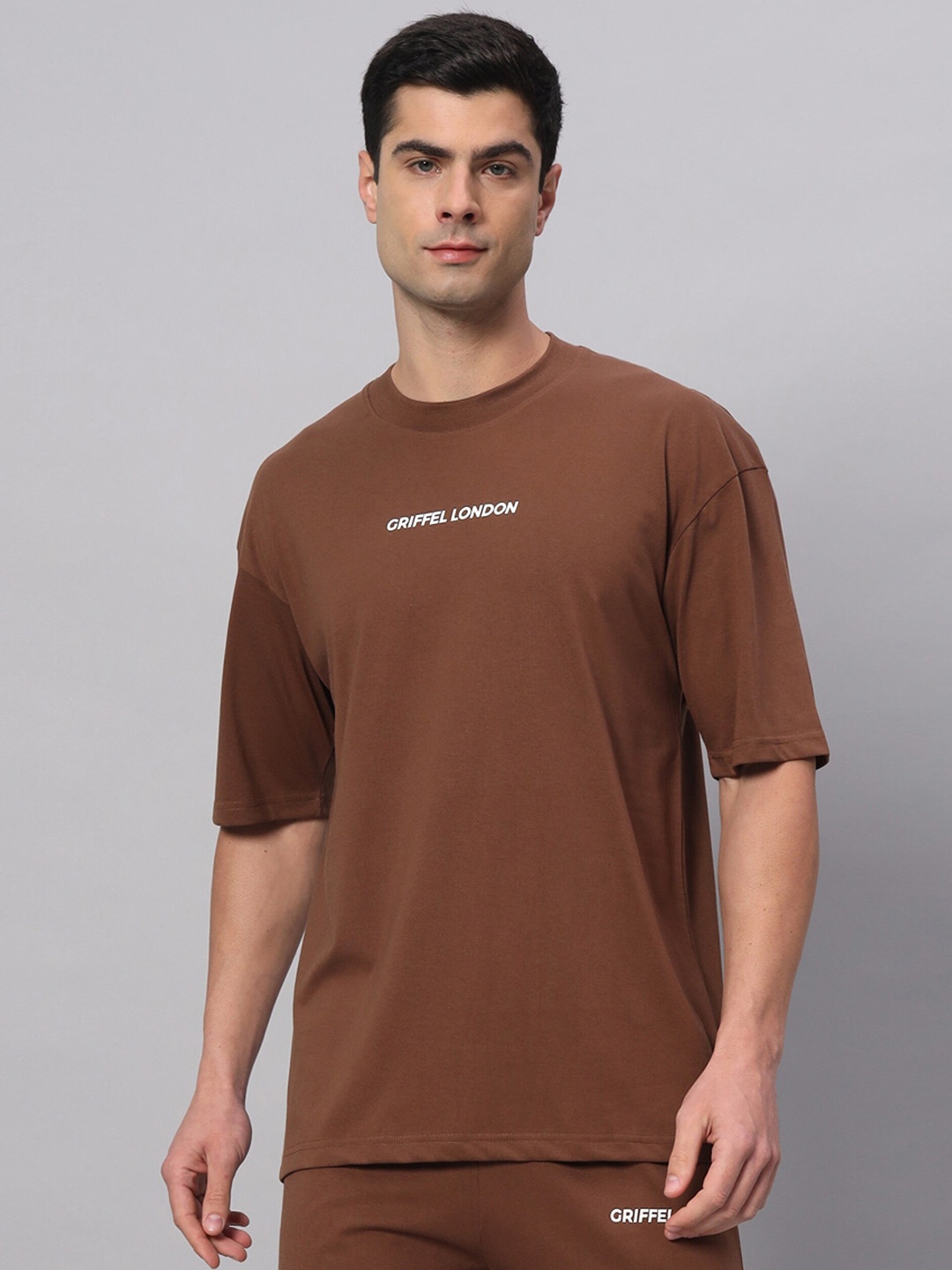 

GRIFFEL Typography Printed Cotton Oversized Applique T-shirt, Camel brown