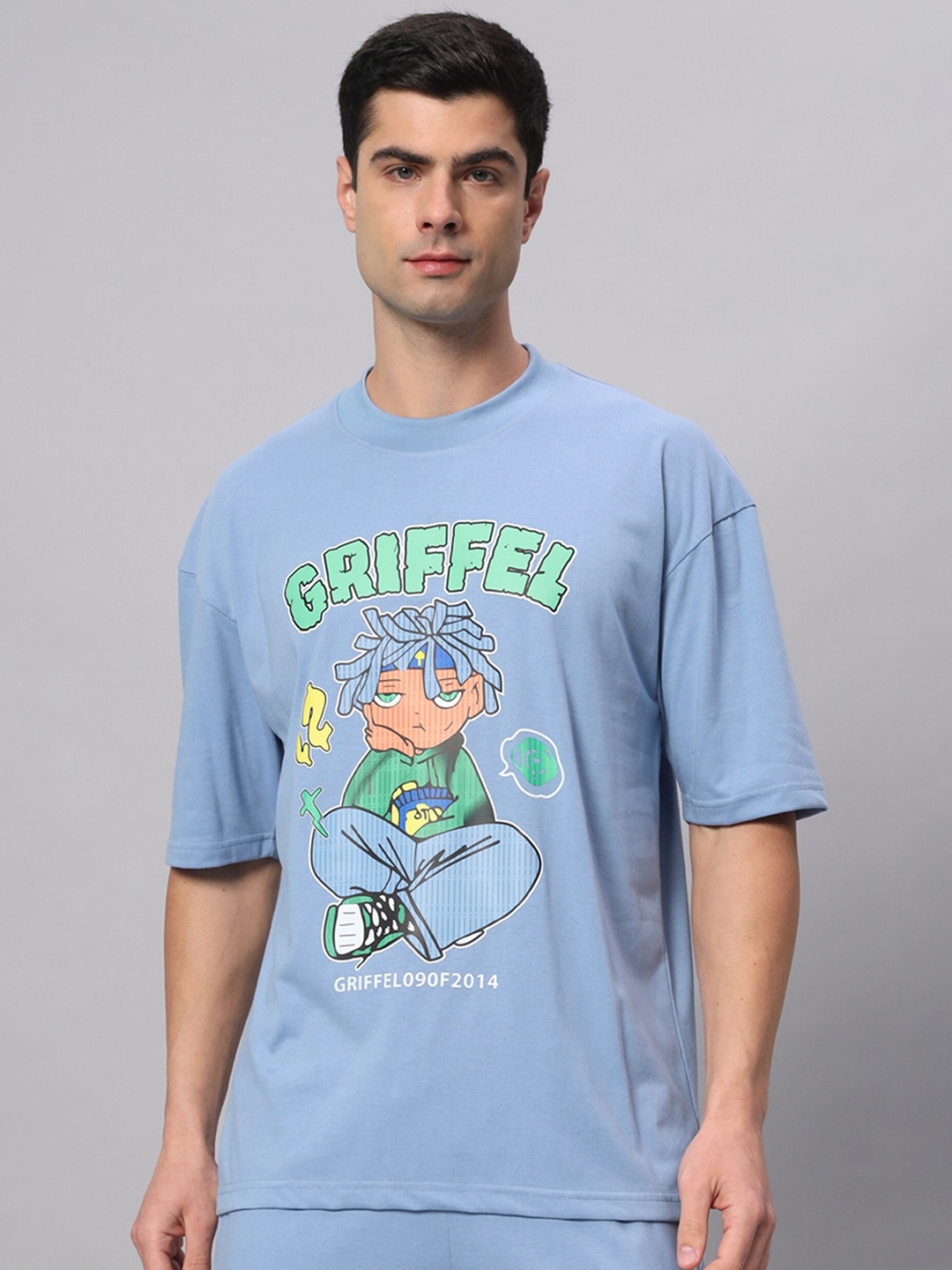 

GRIFFEL Graphic Printed Cotton Oversized Applique T-shirt, Blue
