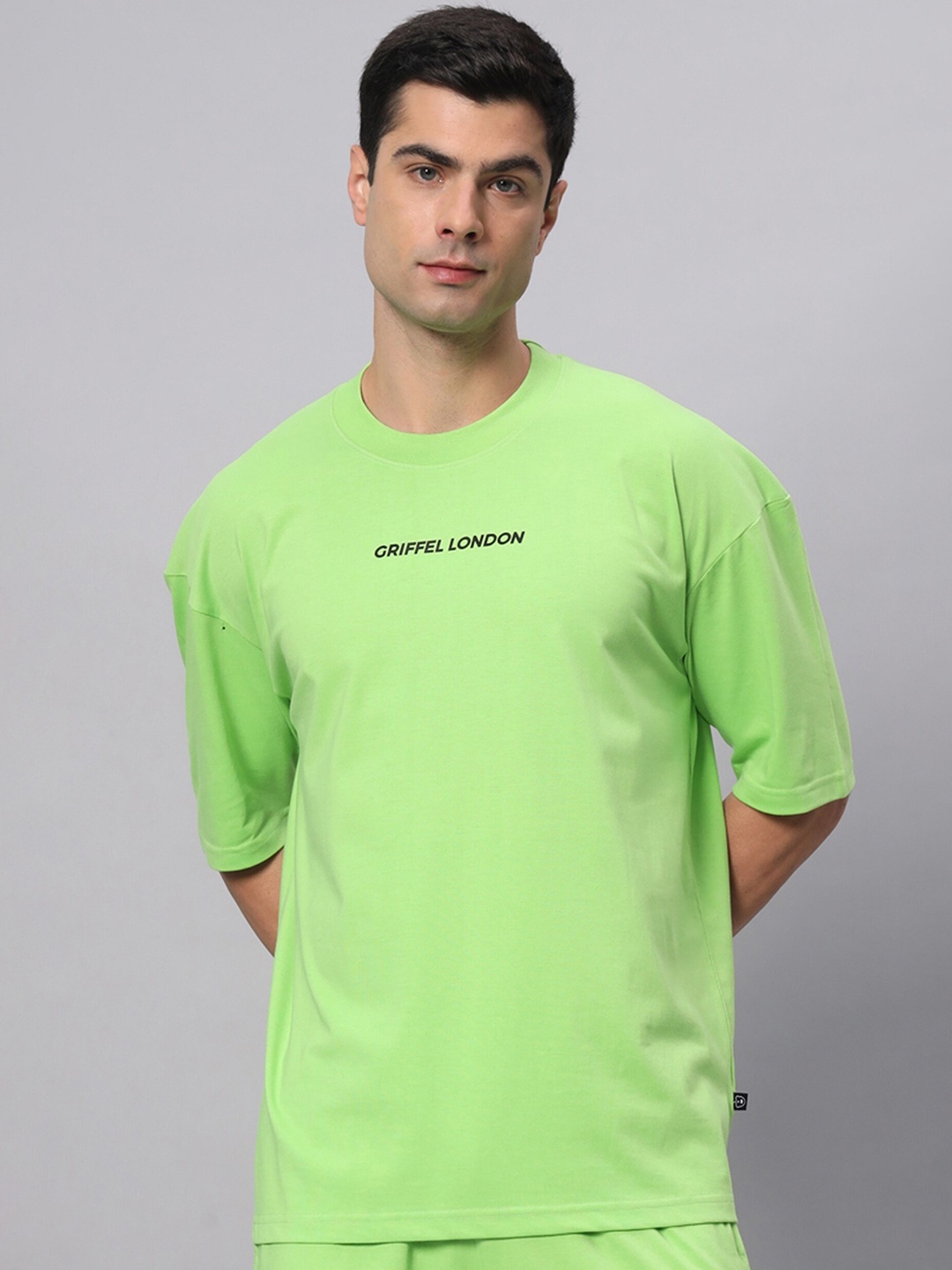 

GRIFFEL Typography Printed Round Neck Short Sleeves Oversized Cotton T-shirt, Green