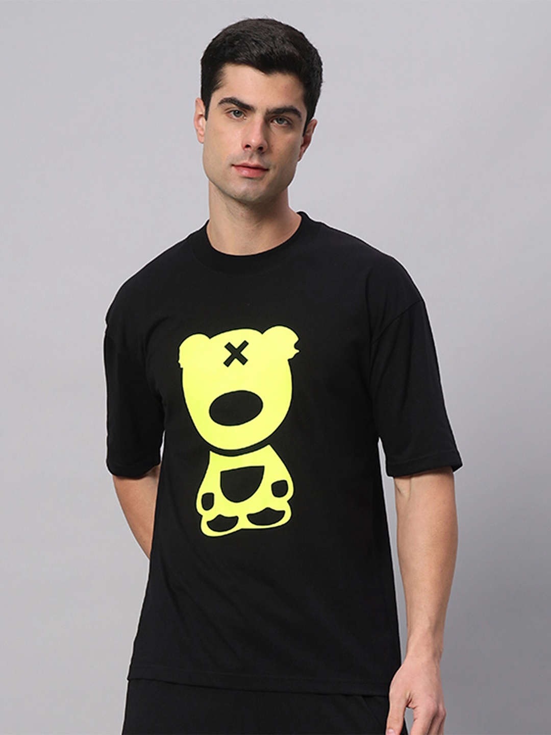 GRIFFEL Graphic Printed Round Neck Short Sleeves Oversized Cotton T-shirt, Black