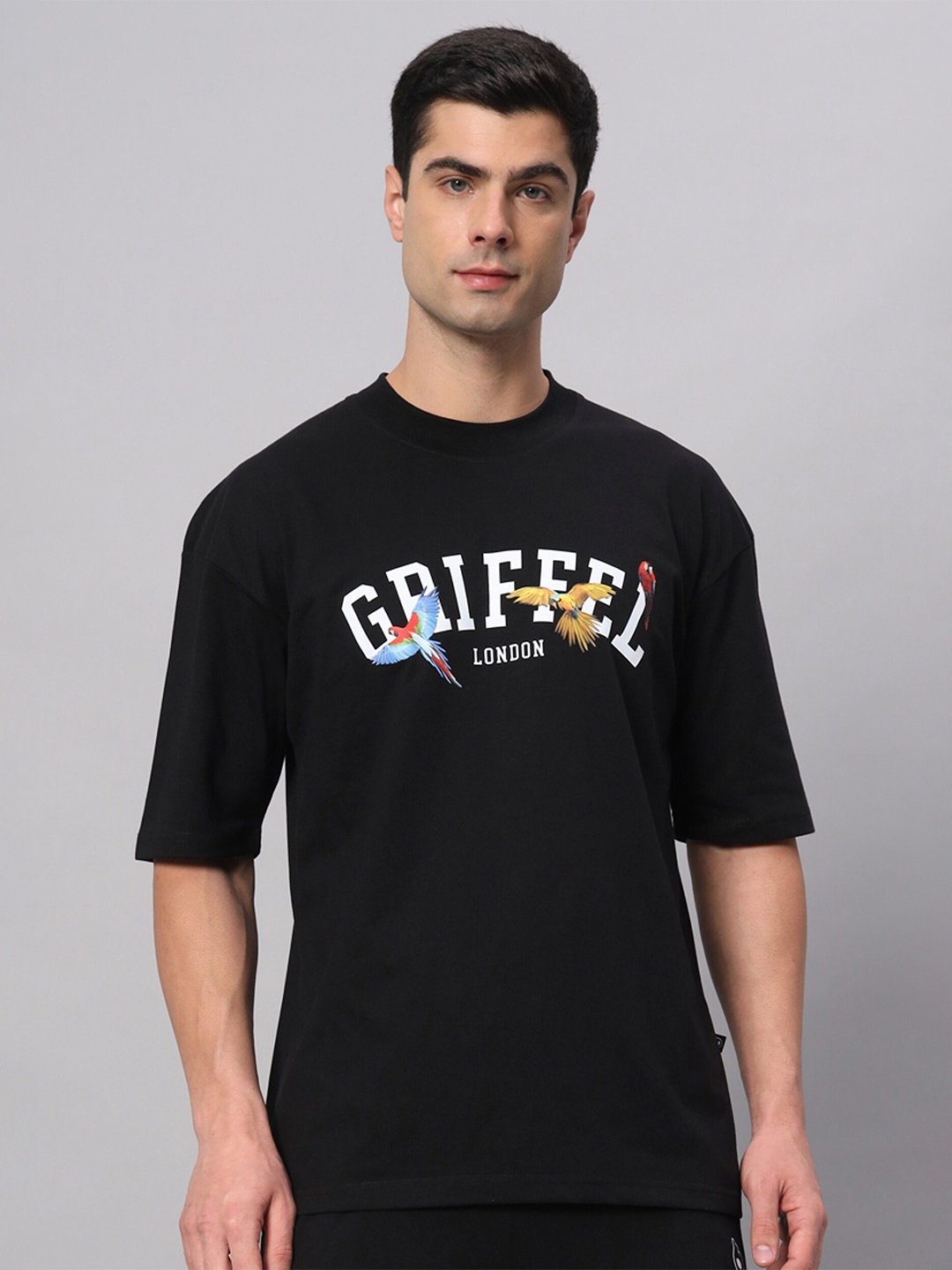 

GRIFFEL Typography Printed Round Neck Short Sleeves Oversized Cotton T-shirt, Black