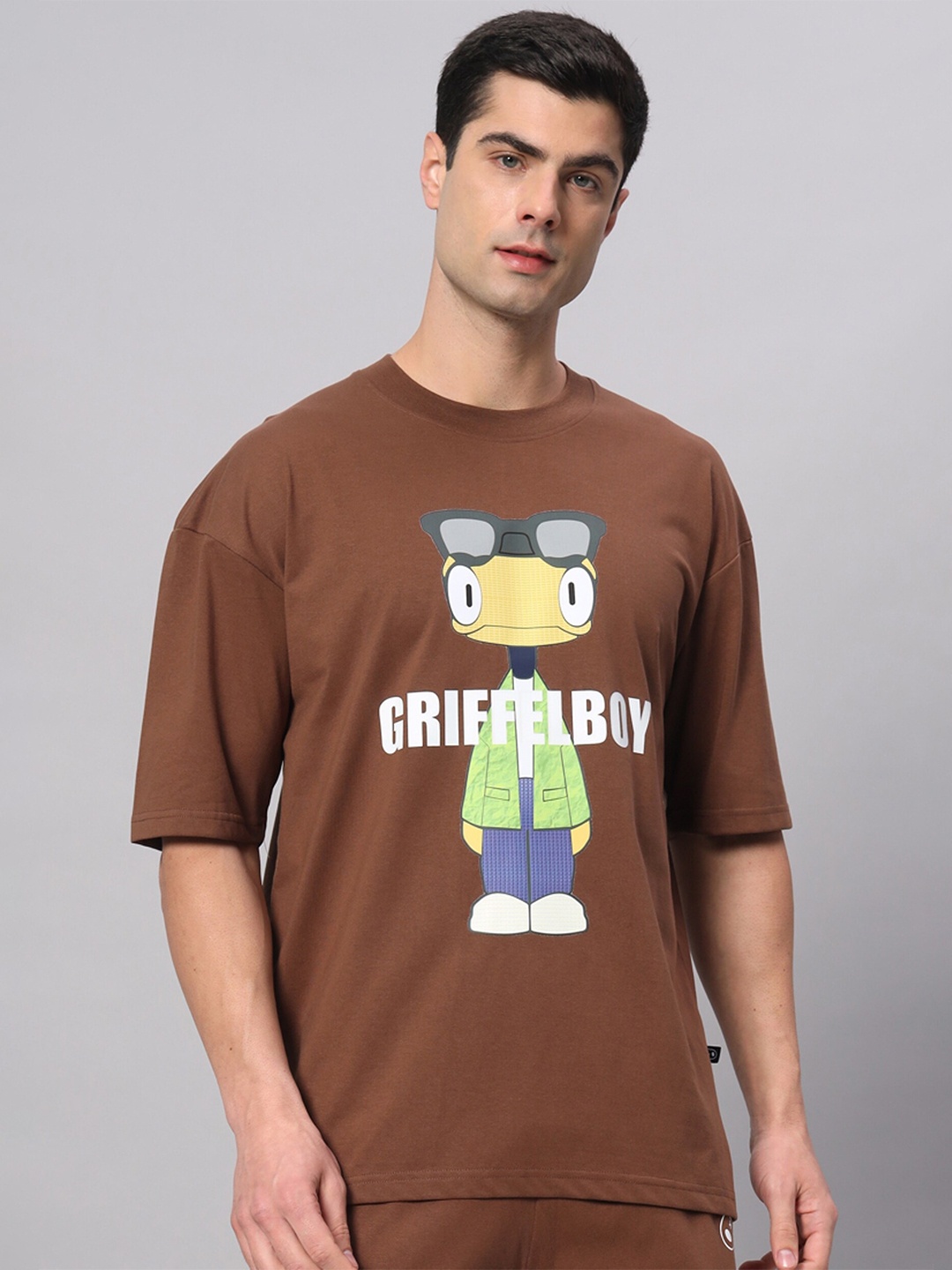 

GRIFFEL Typography Printed Cotton Oversized Applique T-shirt, Camel brown