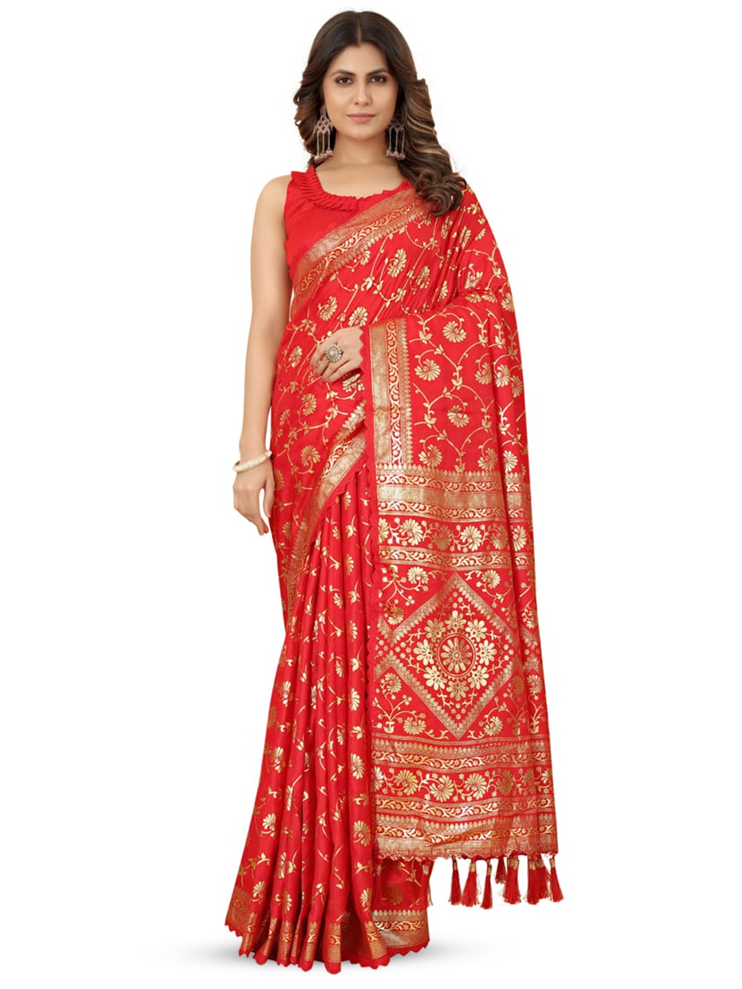

Marabout Floral Woven Design Zari Banarasi Saree, Red