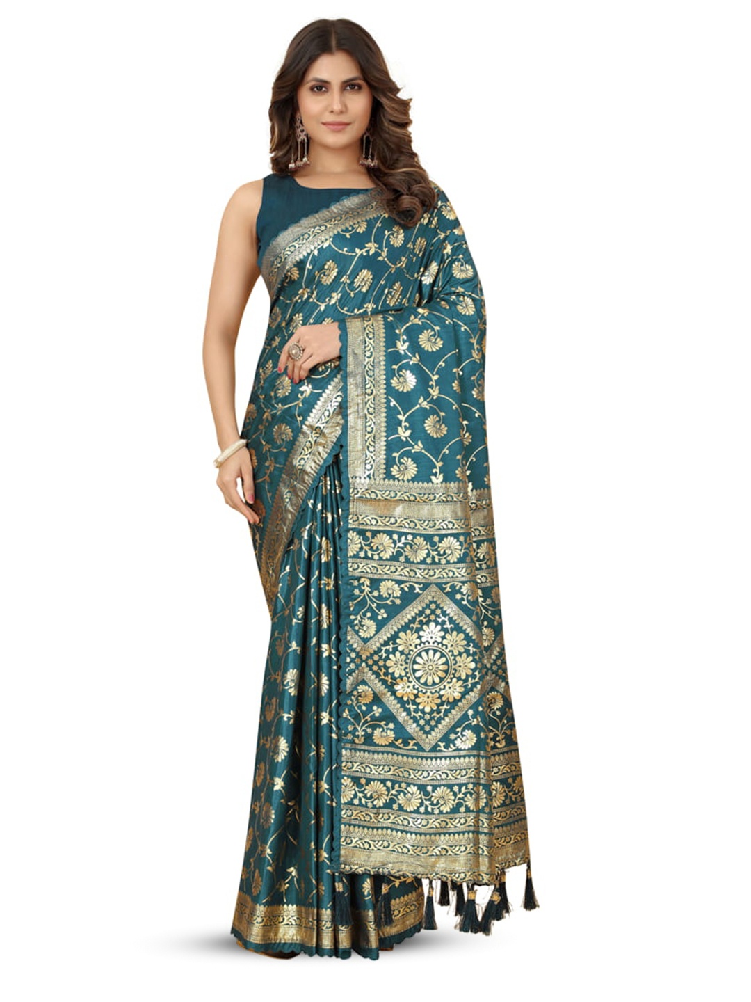 

Marabout Floral Woven Design Zari Banarasi Saree, Turquoise blue