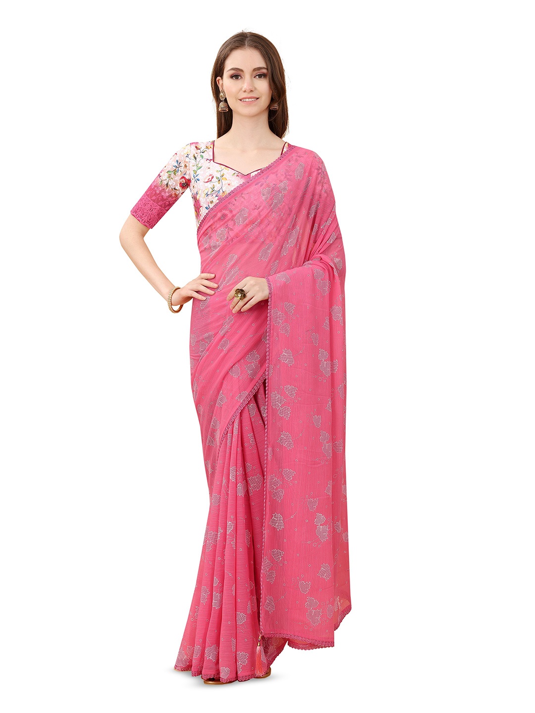 

Marabout Ethnic Motifs Printed Embroidered Mysore Silk Saree, Pink