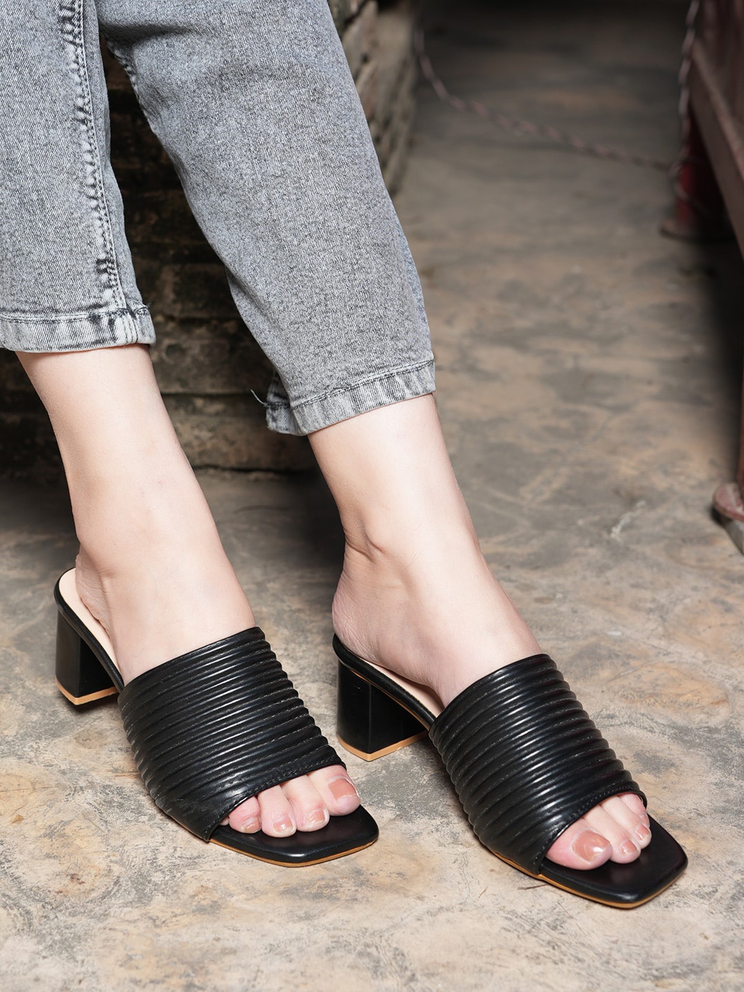 

Mast & Harbour Black Textured Open Toe Block Heels