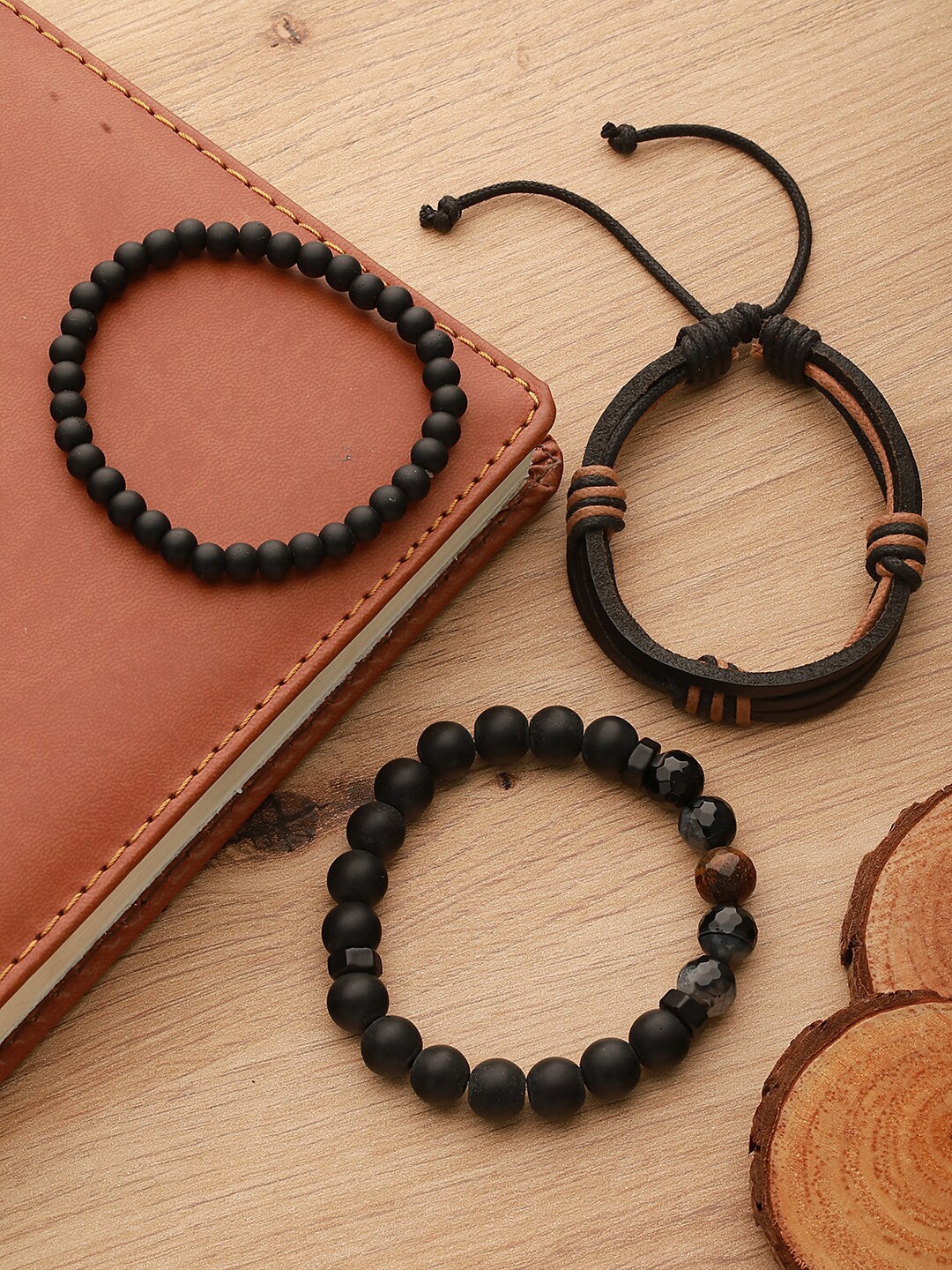 

Jazz and Sizzle Men Set of 3 Leather Beaded Elasticated Bracelets, Black