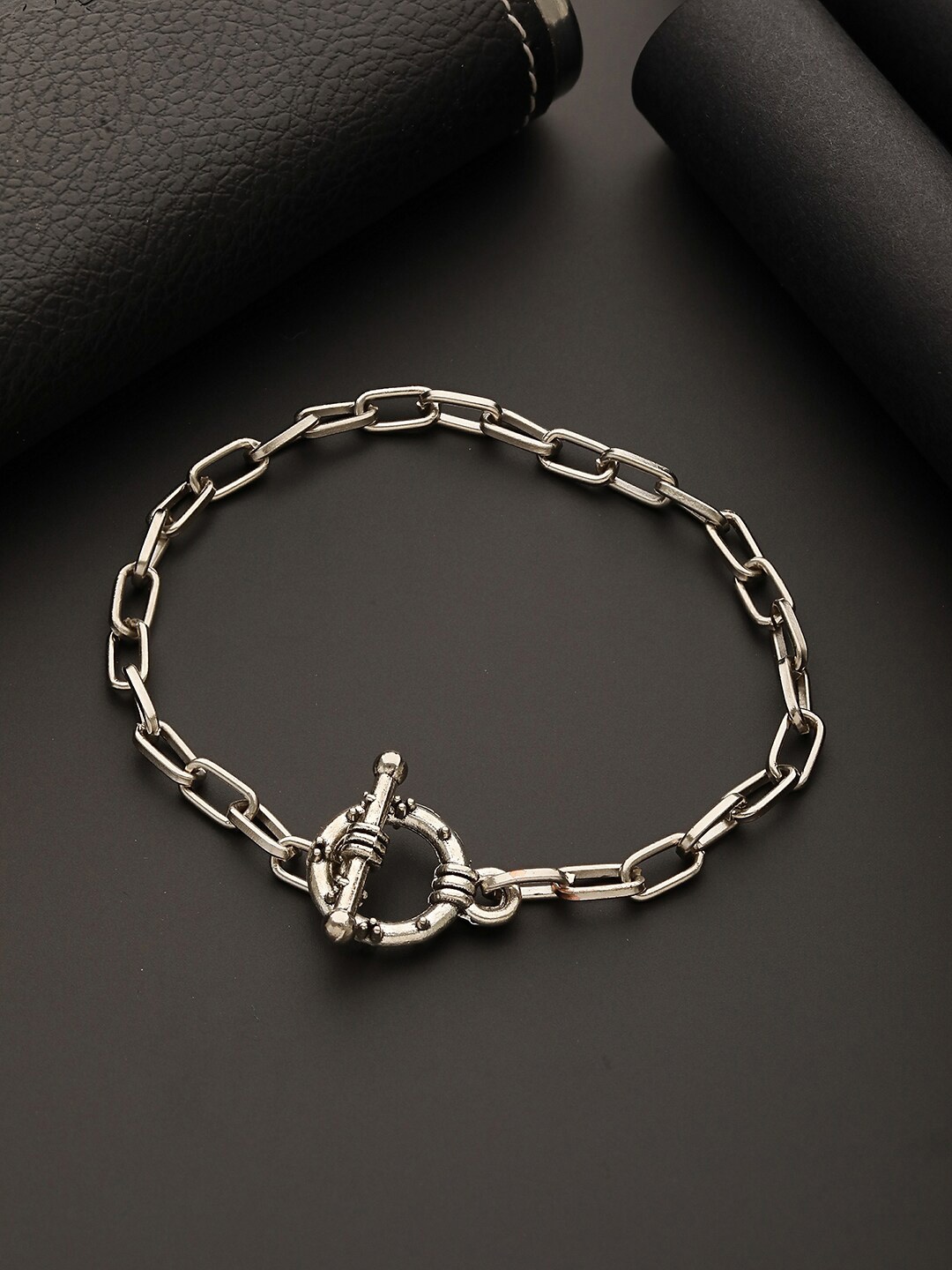 

Jazz and Sizzle Men Brass Rhodium-Plated Link Bracelet, Silver