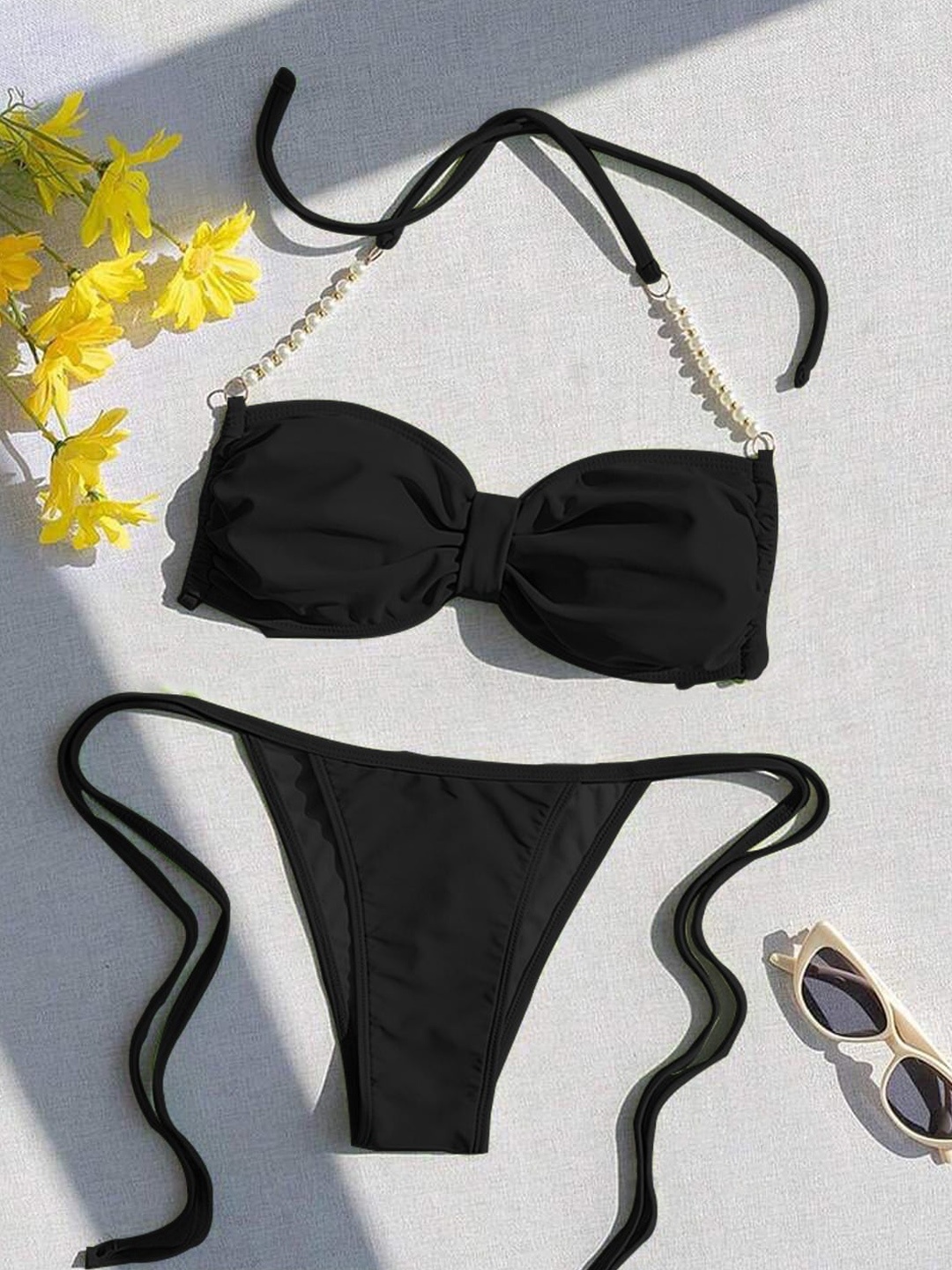 

Krelin Pearl Decor Halter Neck Triangle Shaped Lingerie Set, Black
