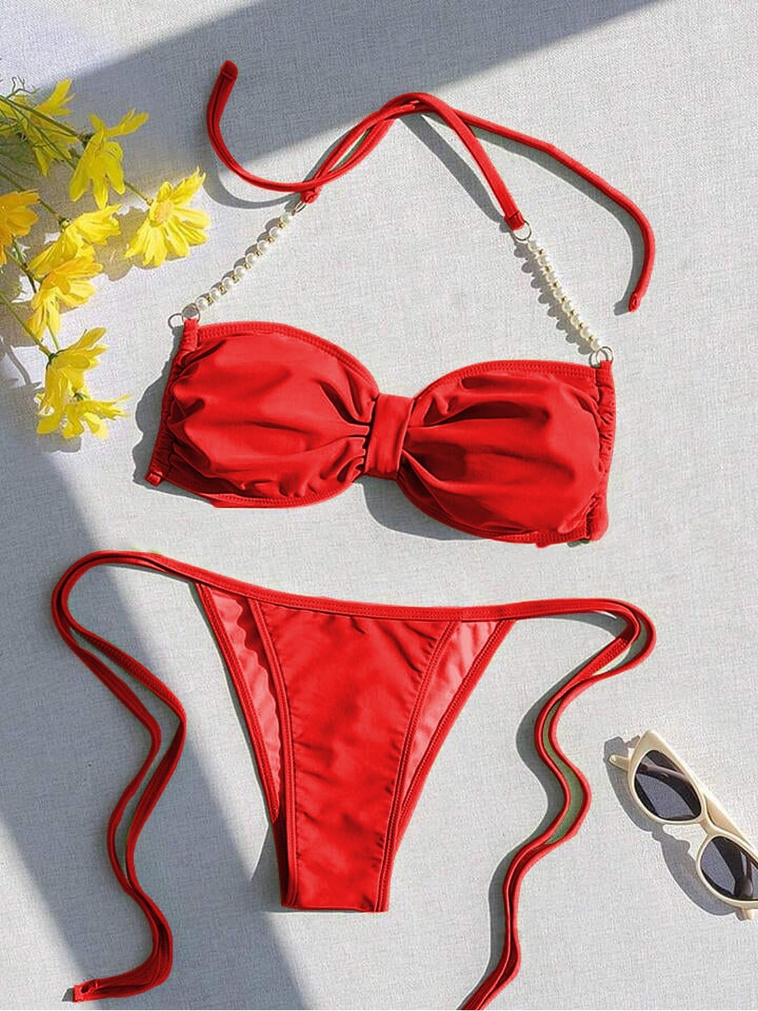 

VAGHBHATT Pearl Halter Neck Triangle Shaped Non Padded Lingerie Set Bikini, Red