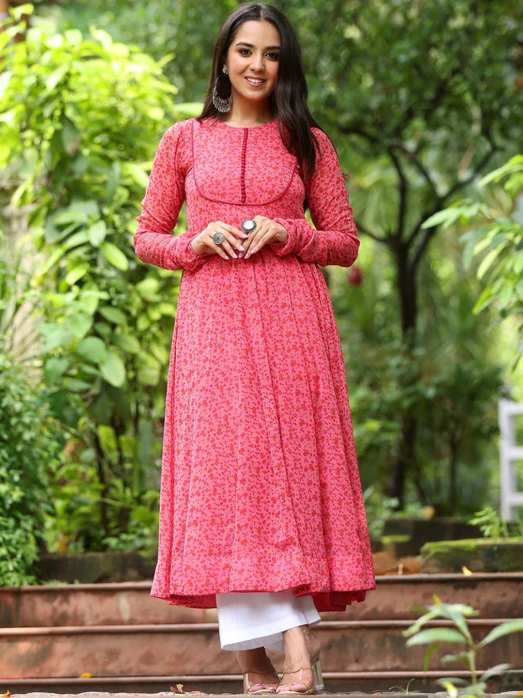 

KALINI Floral Printed Flared Anarkali Kurta, Pink