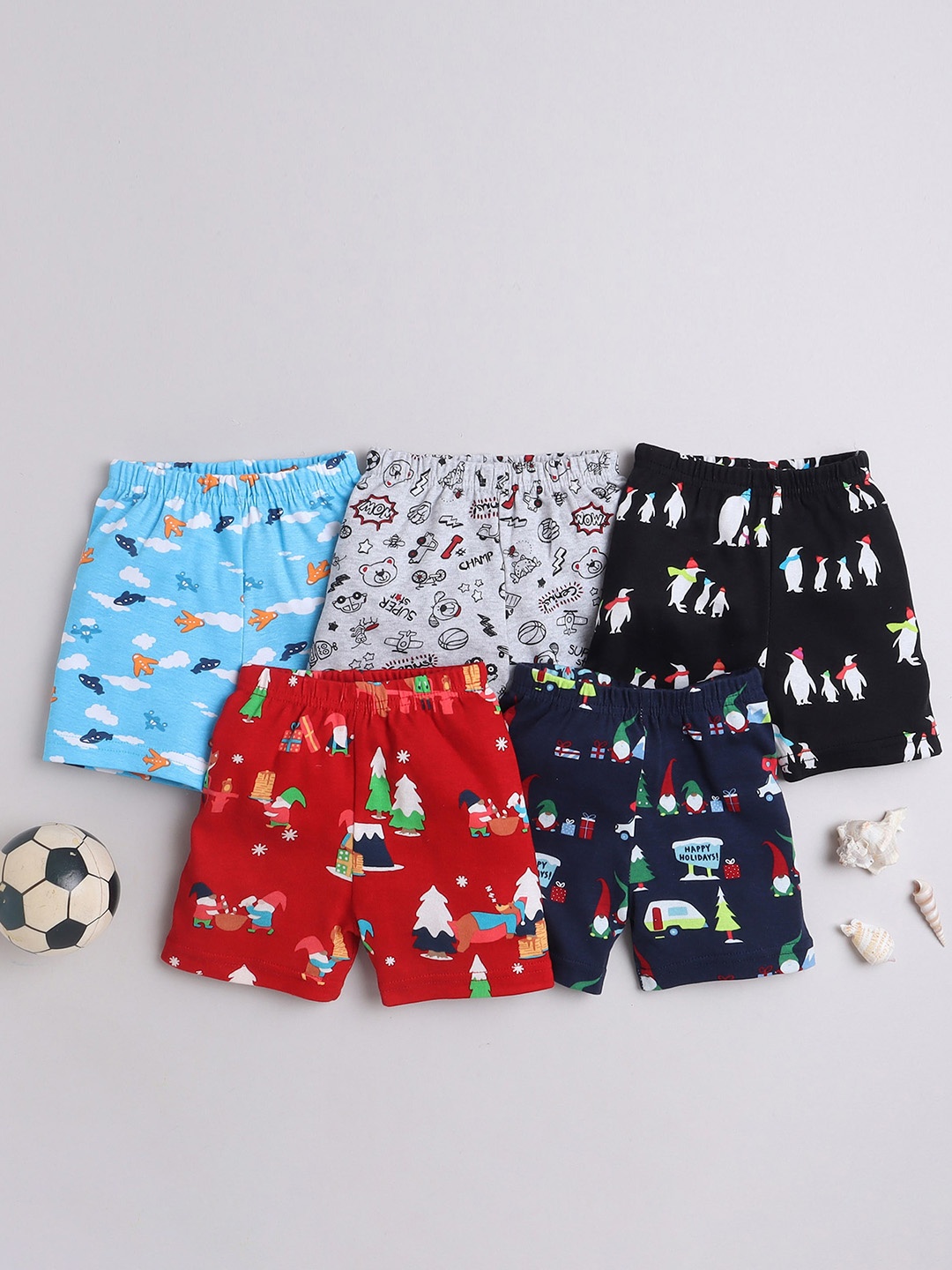 

EIO Infants Pack Of 5 Conversational Printed Pure Cotton Shorts, Red