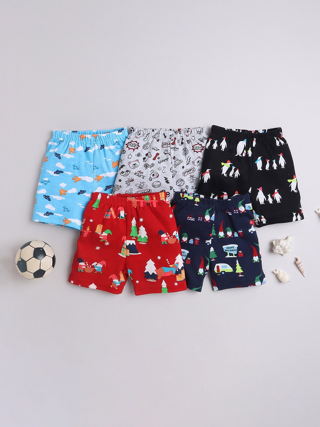 

EIO Infants Pack Of 5 Conversational Printed Pure Cotton Shorts, Black