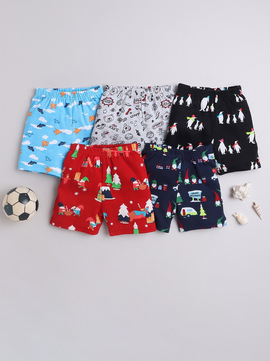 

EIO Kids Pack Of 5 Printed Pure Cotton Shorts, Red