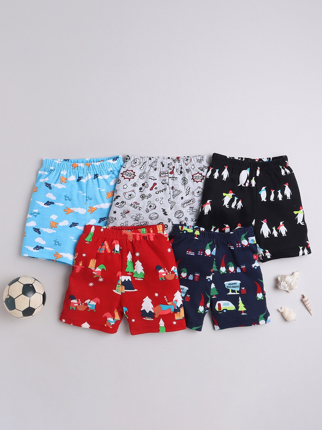 

EIO Kids Pack Of 5 Printed Pure Cotton Shorts, Red