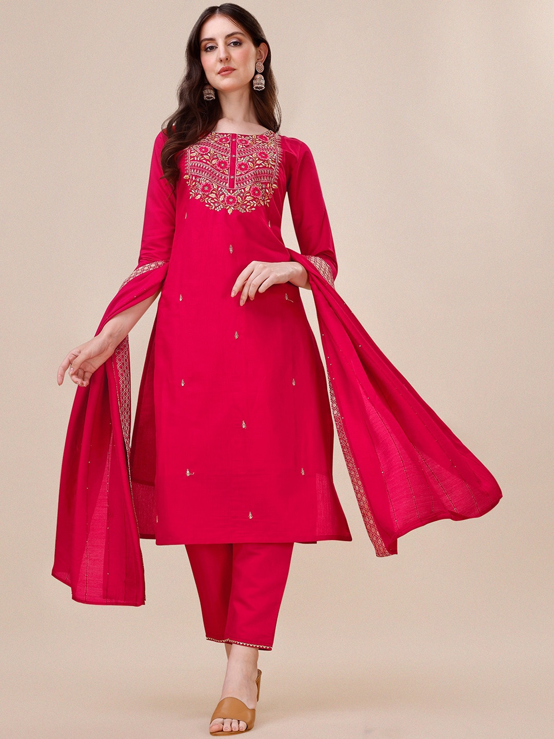 

KALINI Floral Regular Beads and Stones Chanderi Cotton Kurta with Trousers & Dupatta, Pink