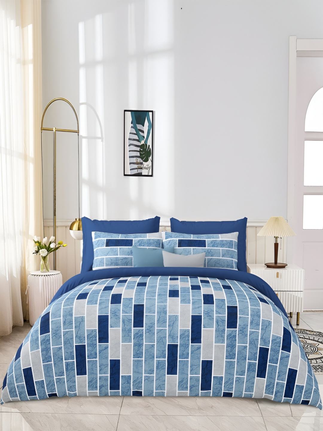 

JAIPUR PRIME Blue & White Geometric Cotton 300 TC King Bedsheet with 2 Pillow Covers