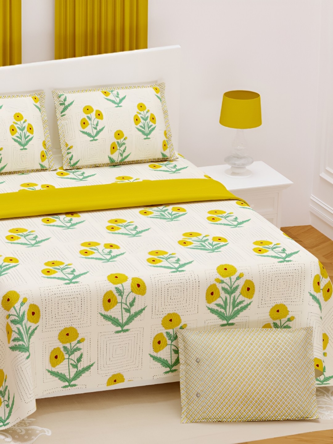 

JAIPUR PRIME Yellow & White Floral Cotton 210 TC King Bedsheet with 2 Pillow Covers