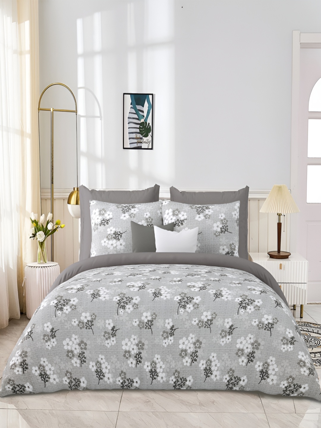 

JAIPUR PRIME Grey Floral 300 TC King Bedsheet with 2 Pillow Covers