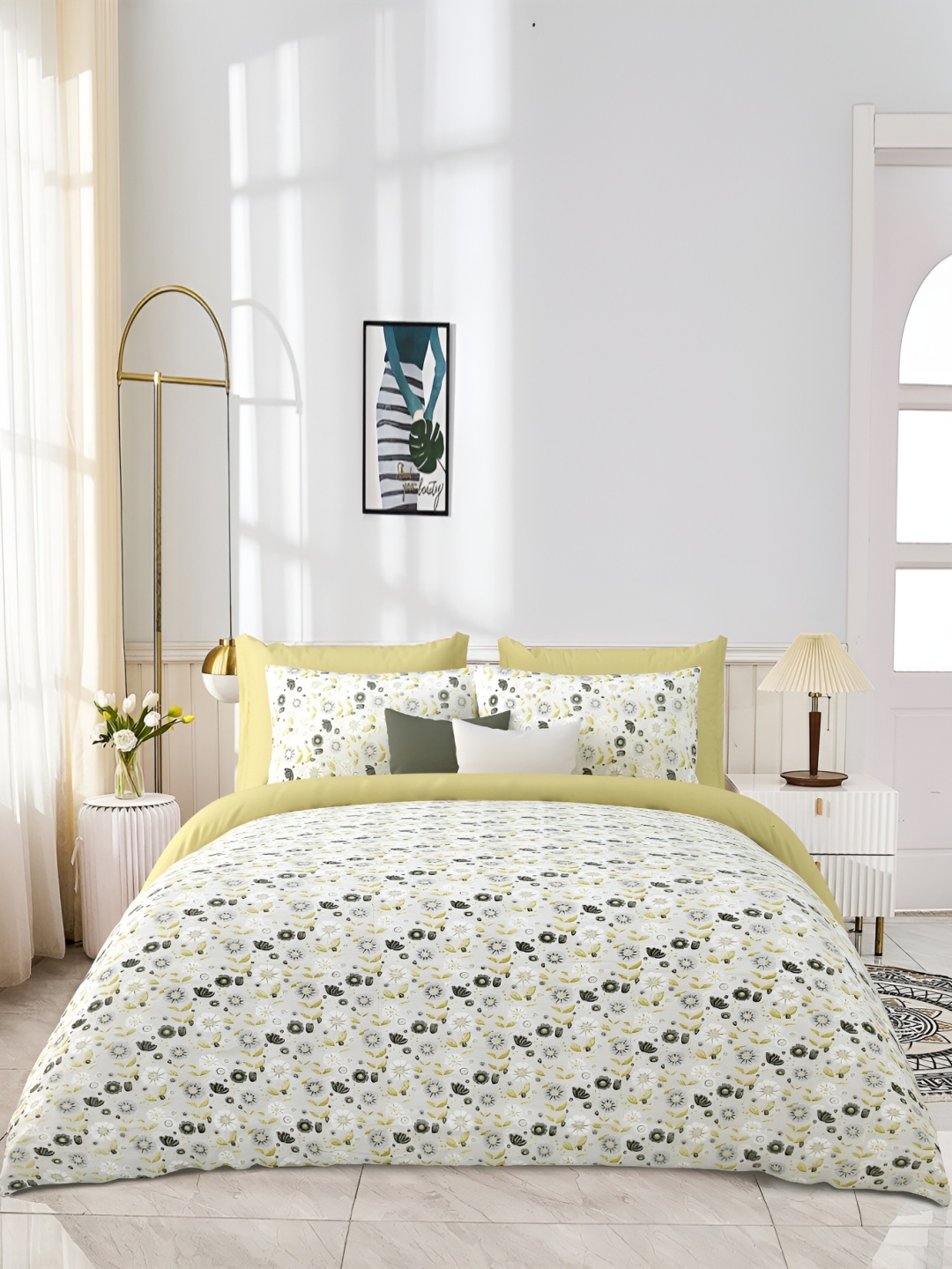 

JAIPUR PRIME Yellow Floral 300 TC King Bedsheet with 2 Pillow Covers