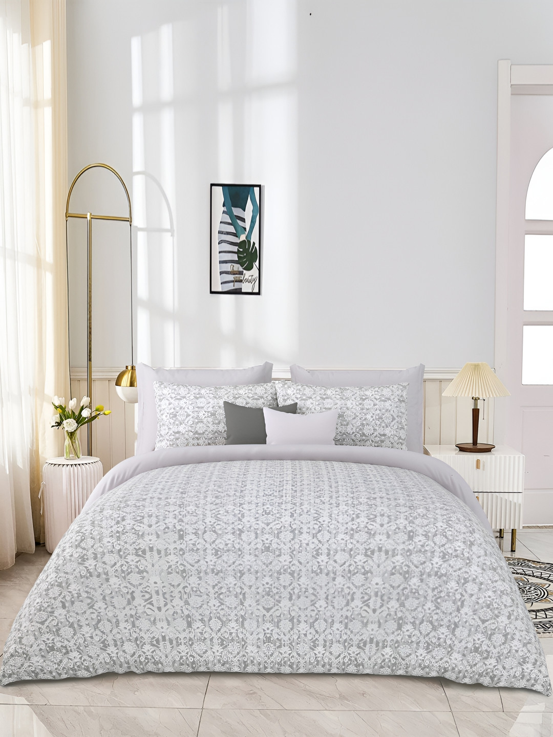 

JAIPUR PRIME Kareena Grey & White Ethnic Cotton 300 TC King Bedsheet with 2 Pillow Covers