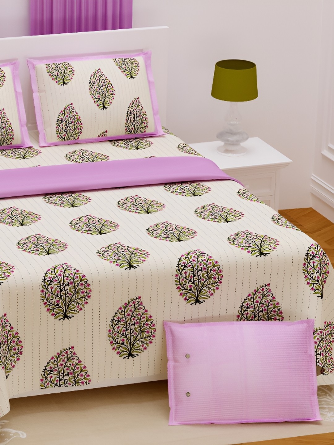 

JAIPUR PRIME Pink Ethnic Motifs Printed Cotton 210 TC King Bedsheet with 2 Pillow Covers
