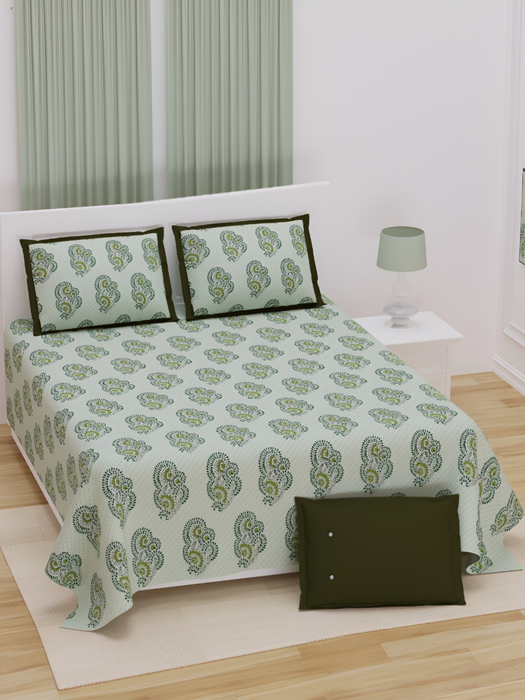 

JAIPUR PRIME Green & Off White Ethnic Cotton 210 TC King Bedsheet with 2 Pillow Covers